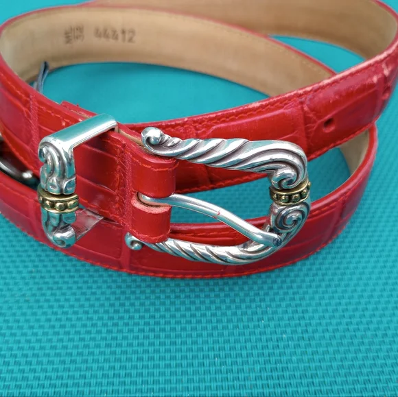 Red Croc-Embossed Leather Belt with Silver Buckle Ann Taylor Loft Red Croc Embossed Leather Belt With Silver  main image 3